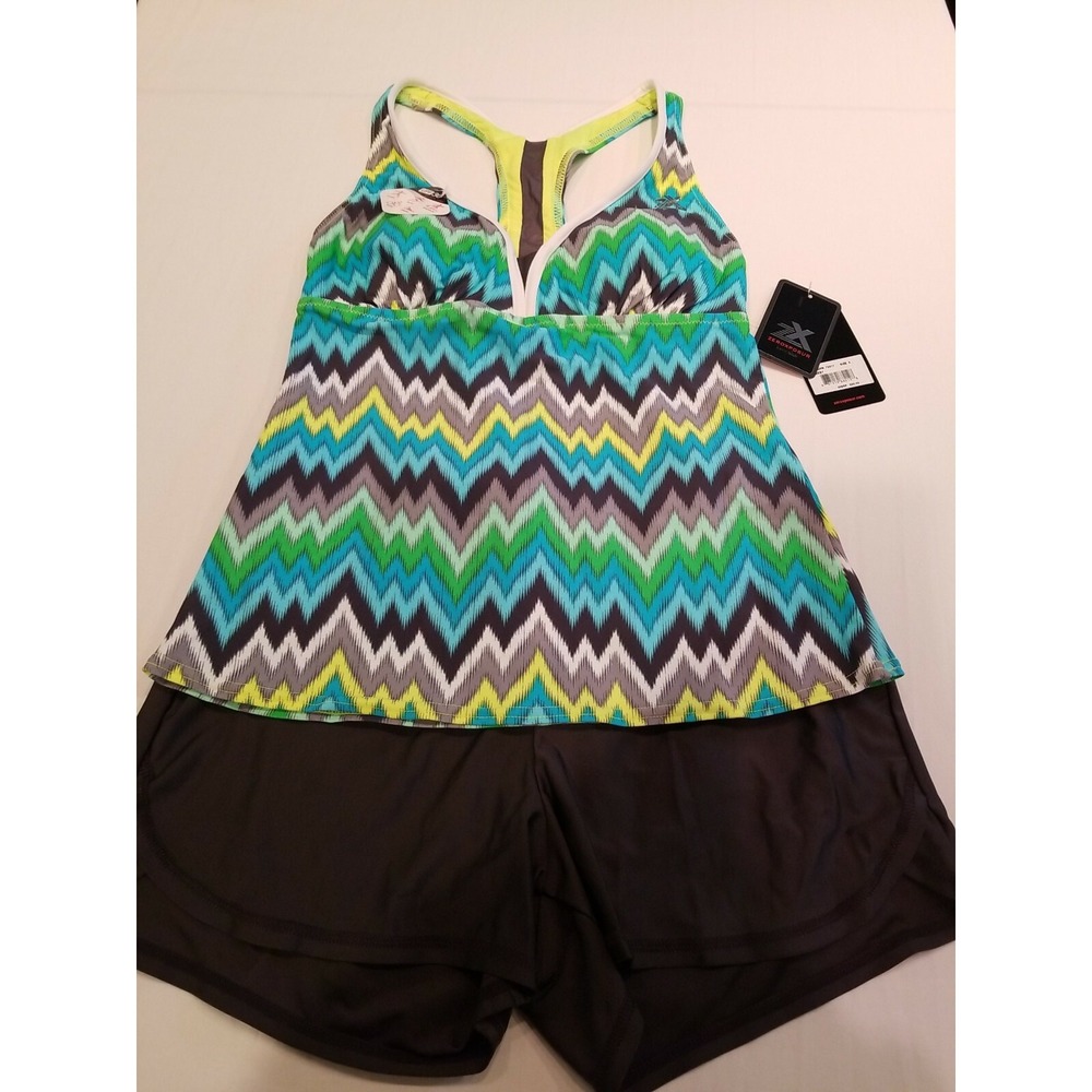 Zero Xposur Women's 2pc Gray Yellow Green Teal Swimsuit Beachy Coastal Modest - Picture 1 of 9